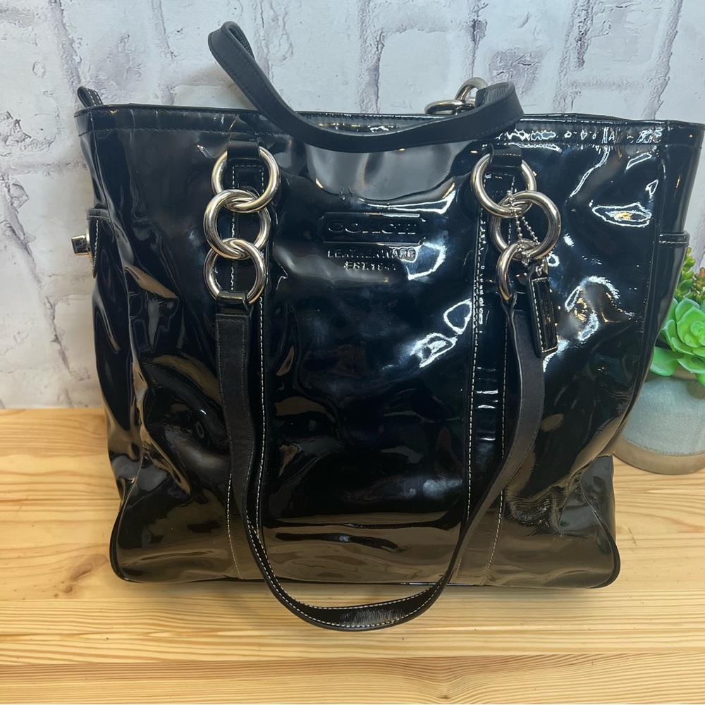 COACH East West Gallery Black Patent Leather Tote Bag